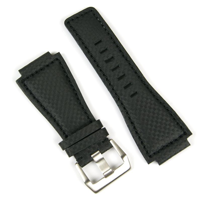 Bell & Ross Style Leather Watch Band Black Carbon Fiber Self Stitch B