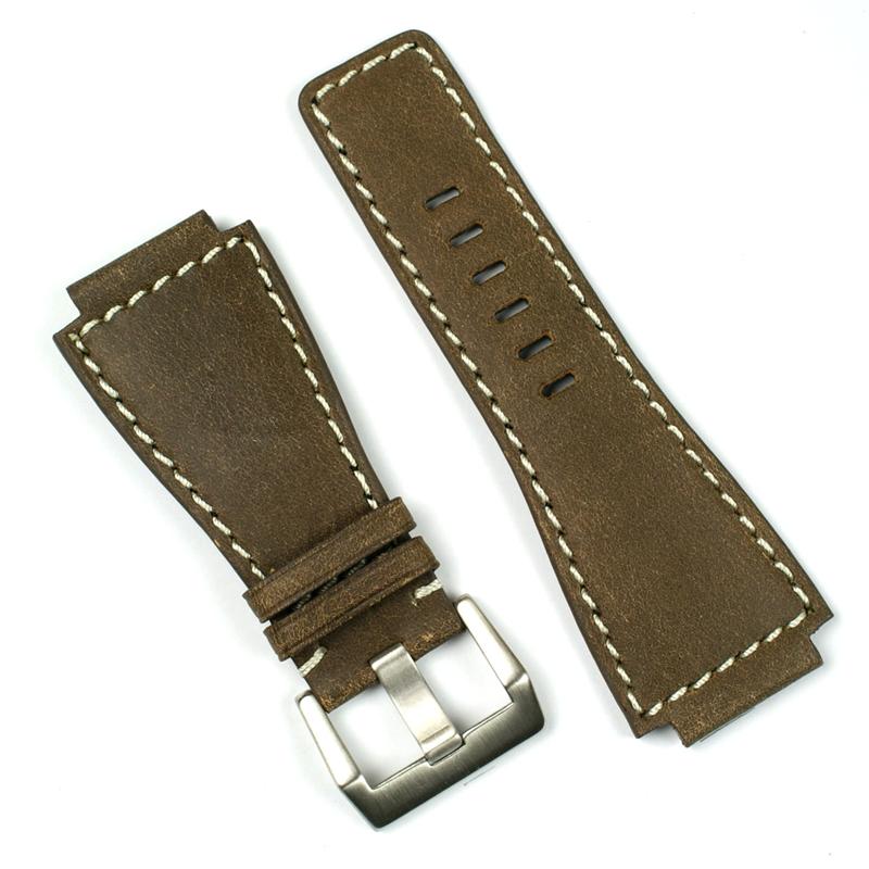 Bell & Ross Style Leather Watch Band Brown Bomber White Stitch B & R