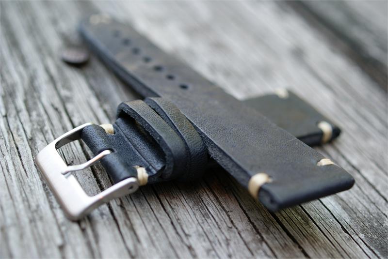 20mm Classic Vintage Watch Band Black Leather Ecrustitch B & R Bands
